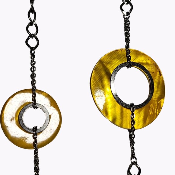 Art Deco  Boho Yellow Disc Beads Necklace Silver Tone Long Chain Retro Fashion - Picture 3 of 7